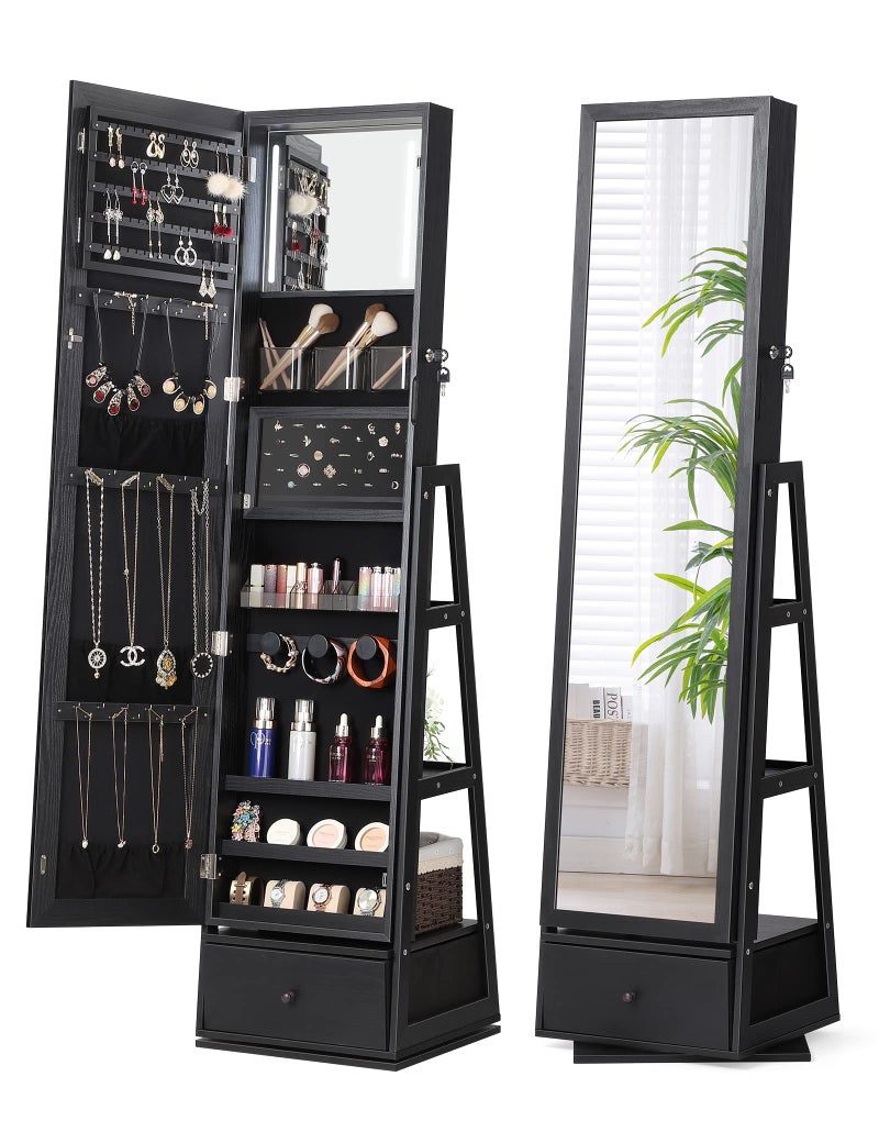 Nicetree 360 Swivel Jewelry Cabinet with Lights Touch Screen Vanity Mirror Rotatable Full Length Mirror with Jewelry Storage Standing Jewelry Armoire Organizer Foldable Makeup Shelf Black