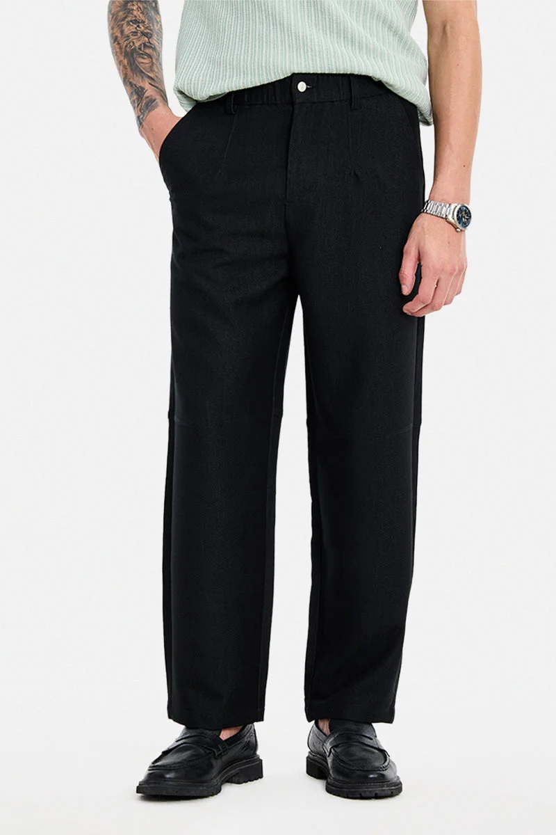 SNITCH Black Textured Straight Fit Casual Trousers