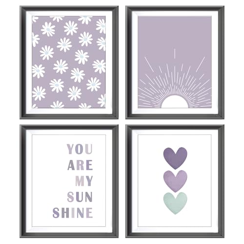 AEHIE You are My Sunshine Boho Sage Purple Sun Sunshine Daisy Flower Hearts Poster Prints for Girls Kids Room Nursery Playroom Decor,Inspirational Quote Decorations Prints Wall Art Unframed 4pcs 8x10inches… - Image 1