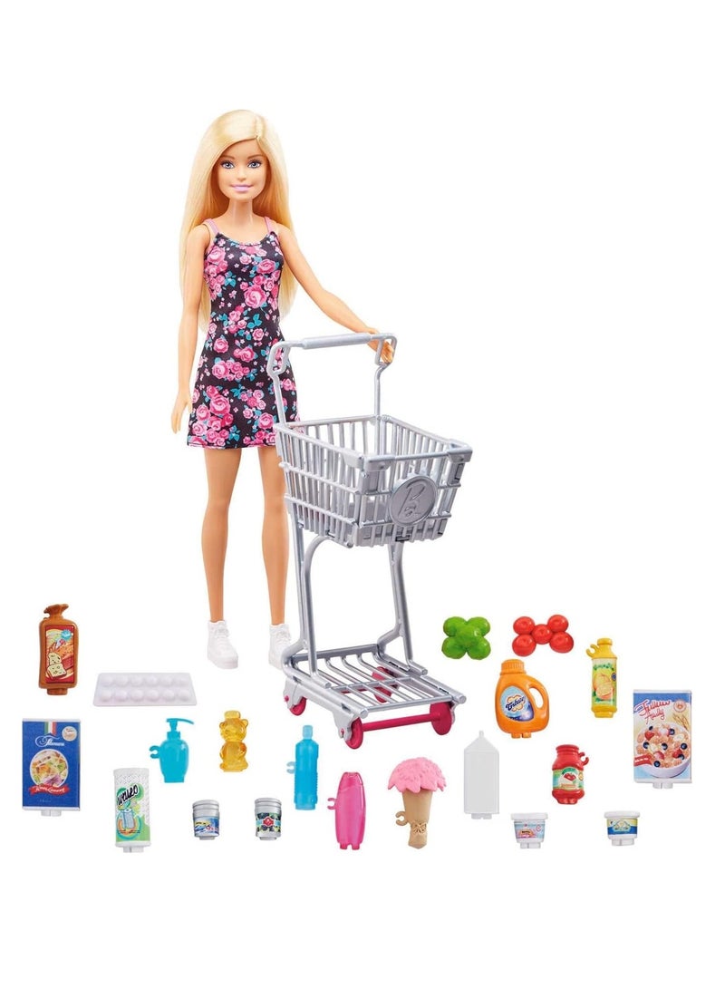 Barbie Doll and Supermarket Set, with Shopping Cart and 20 Pieces, 3 to 7 Year Olds - Image 3