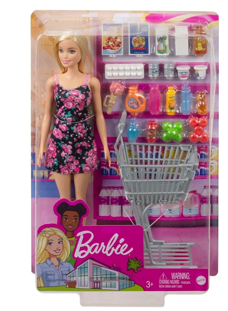 Barbie Doll and Supermarket Set, with Shopping Cart and 20 Pieces, 3 to 7 Year Olds - Image 1