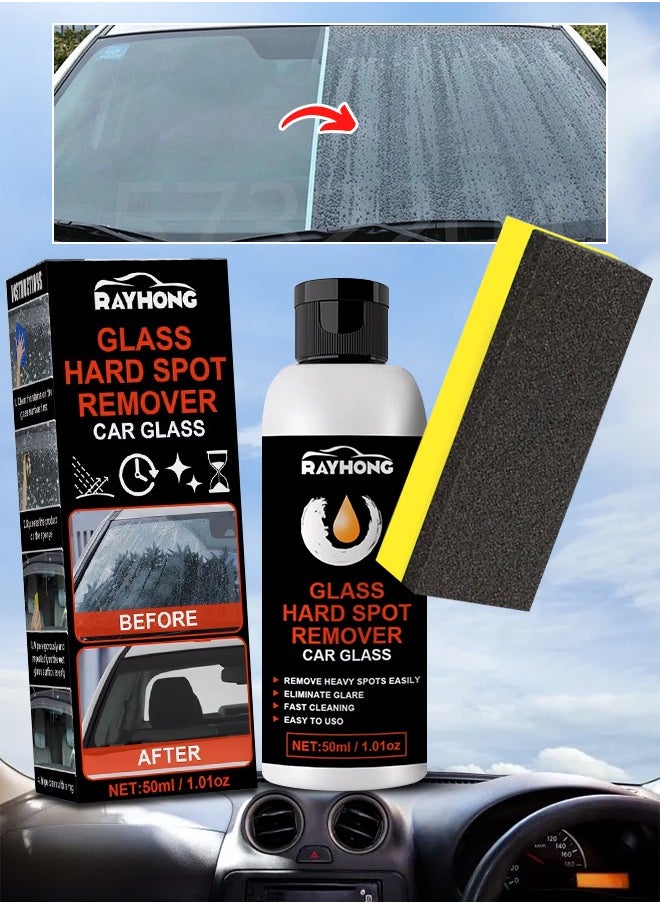 RAYHONG - Glass Hard Spot Remover 50ml Car Glass Hard Spot Oil Film Remover Car Windshield Film Cleaner Glass Stripper Water Spot Remover with Sponge Deep Cleaning Glass Stripper Water Spot Remover - Image 1