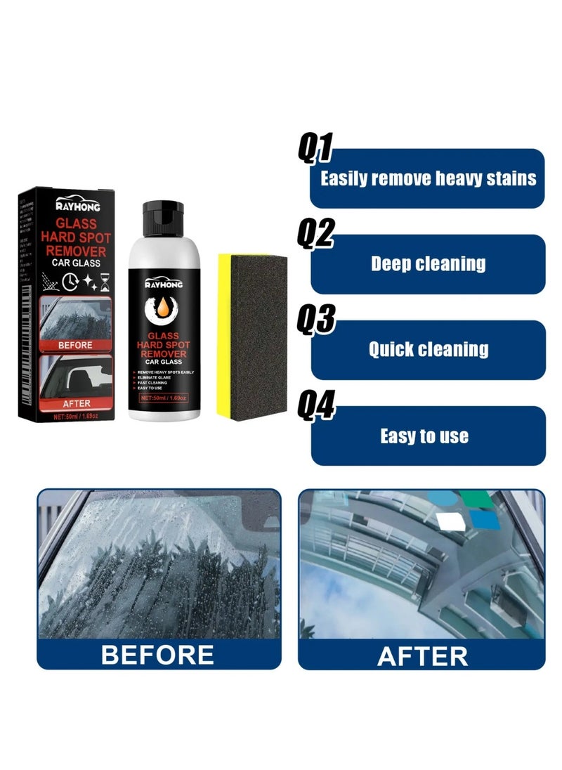 RAYHONG - Glass Hard Spot Remover 50ml Car Glass Hard Spot Oil Film Remover Car Windshield Film Cleaner Glass Stripper Water Spot Remover with Sponge Deep Cleaning Glass Stripper Water Spot Remover - Image 1