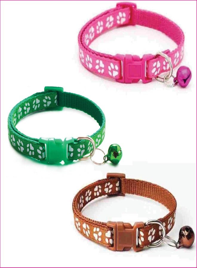 Litvibes Cat Collars Set of 3 with Bell,Kitten & Small Dogs Soft Adjustable Collar Safe,Solid & Protection Breakaway for Cats & Puppies,Cute Kitty Neckband with Paw Print-(Dark Pink,Brown,Dark Green) - Image 1