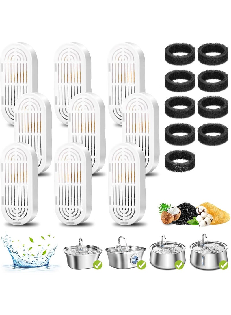Cat Water Fountain Filters, 9 Pack Replacement Filters & Replacement Pre-Filter Sponges for Stainless Steel Pet Fountain with Water Level Window, Fountain Carbon Filters for Dog Water Dispenser Bowl - Image 1