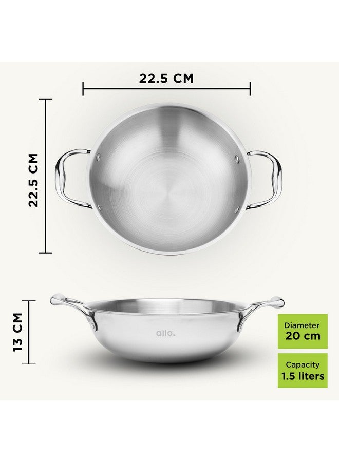 Allo Triply Stainless Steel Kadhai with Handles|Perfect Kadhai for Curry/Stir-Fry/Deep-Fry/DryVeg/Saute Induction Friendly Naturally Non-Stick | 10 Years Warranty, 20cm, 1.5 litres Without lid - Image 2