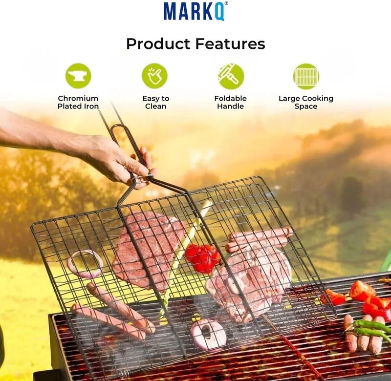 MARKQ سلة شواء باربكيو بمقبض خشبي – سلة باربكيو قابلة للطي محمولة للأسماك والخضروات والجمبري | شبكة قابلة للقفل، سطح شواء كبير من الفولاذ المقاوم للصدأ، فضي - عبوة من 1 - Image 2
