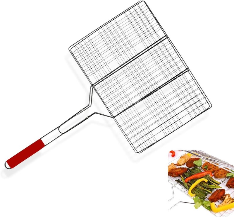 MARKQ سلة شواء باربكيو بمقبض خشبي – سلة باربكيو قابلة للطي محمولة للأسماك والخضروات والجمبري | شبكة قابلة للقفل، سطح شواء كبير من الفولاذ المقاوم للصدأ، فضي - عبوة من 1 - Image 1