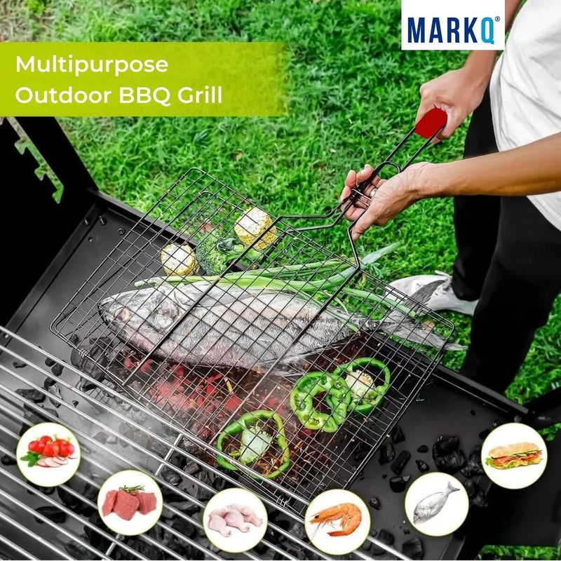 MARKQ سلة شواء باربكيو بمقبض خشبي – سلة باربكيو قابلة للطي محمولة للأسماك والخضروات والجمبري | شبكة قابلة للقفل، سطح شواء كبير من الفولاذ المقاوم للصدأ، فضي - عبوة من 1 - Image 5