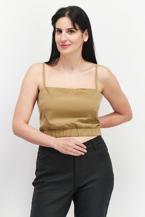 Women Square Neck Sleeveless Plain Crop Top, Khaki