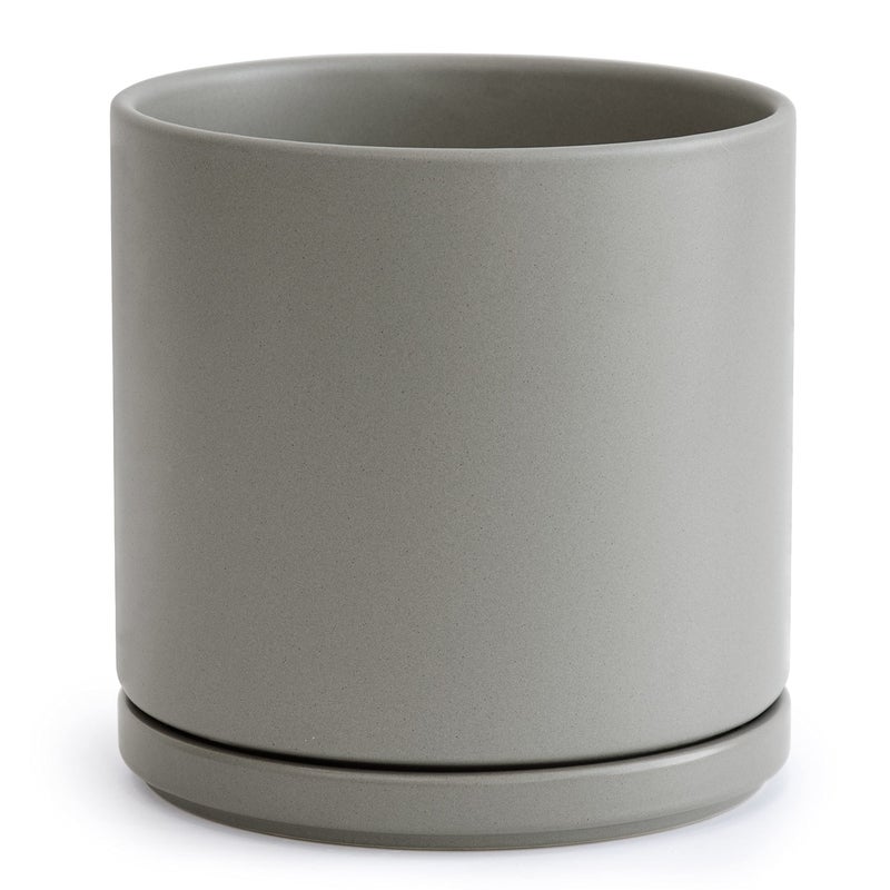 Dvine Dev 10 Inch Ceramic Planter Pot with Drainage Hole and Saucer Indoor Cylinder Round Planter Pot Grey 94OE3