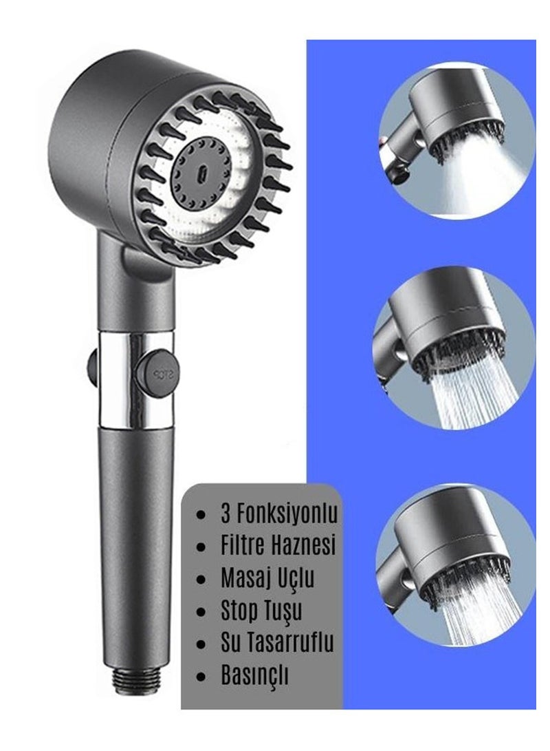 Loquat New Generation 3-Function Water-Saving Pressurized Shower Head with Massage Tip, Filter, Stop on - Image 1