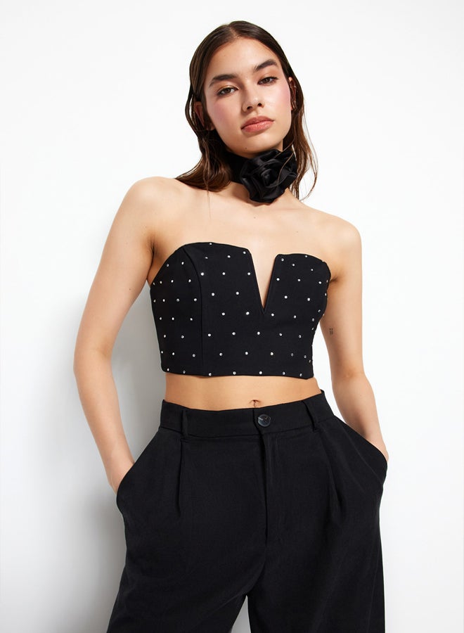 trendyol Black Crop Shiny Stone Bustier TPRSS23BS00130/Black  - Image 3