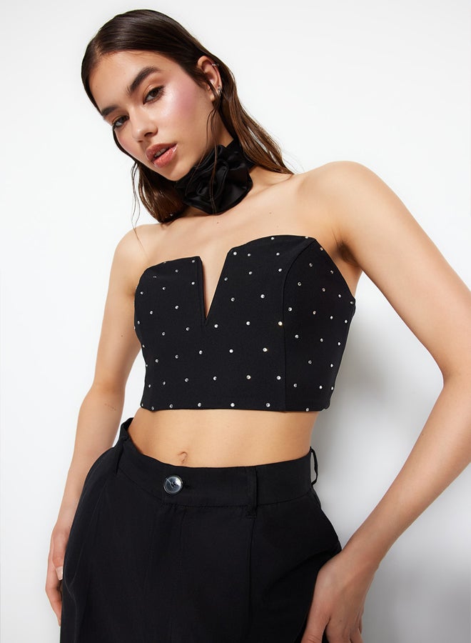 trendyol Black Crop Shiny Stone Bustier TPRSS23BS00130/Black  - Image 1