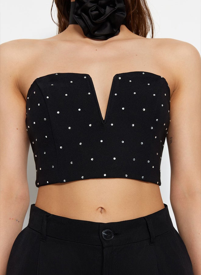 trendyol Black Crop Shiny Stone Bustier TPRSS23BS00130/Black  - Image 4