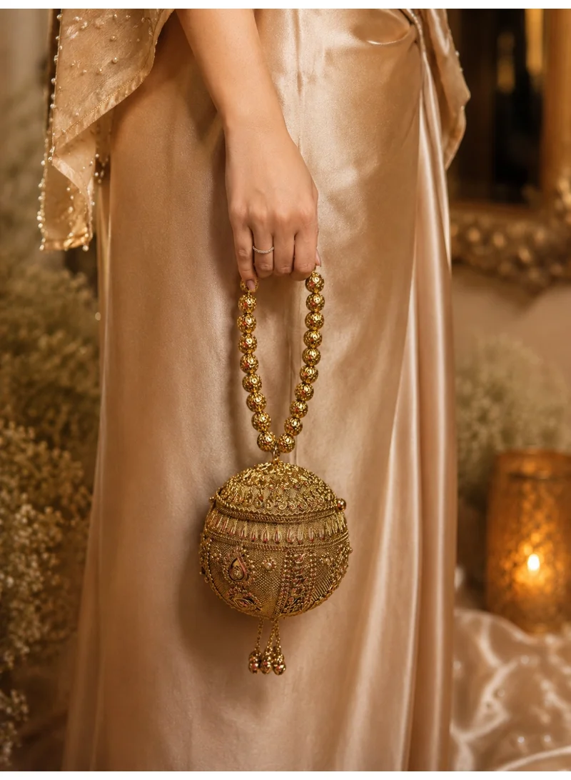 Lehar حقيبة كلاتش ذهبية دائرية بتصميم فينتاج مع سلسلة خرز
