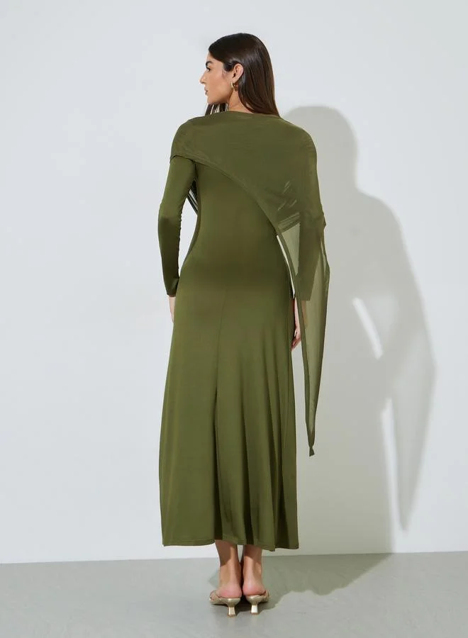 Styli  Green Solid Long Sleeves A-Line Maxi Dress With Drape Detail for Women | Best Price UAE