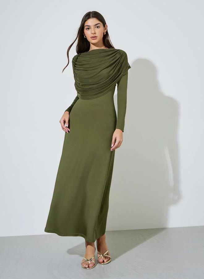 Styli Green Solid Long Sleeves A-Line Maxi Dress With Drape Detail