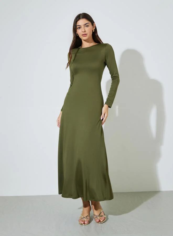 Styli  Green Solid Long Sleeves A-Line Maxi Dress With Drape Detail for Women | Best Price UAE