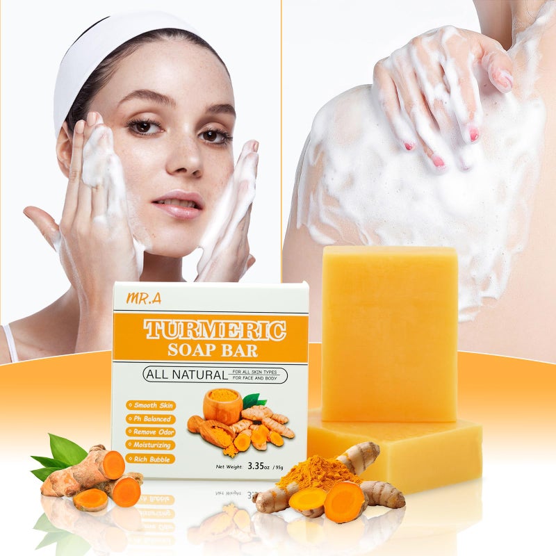 MR.A 2Pcs Turmeric Soap Bar and Turmeric Oil Set for Face & Body, Nautral Ingredients with Vitamin C to Cleanses, Soothing, Hydrating Skin, Turmeric Skin Care Set for All Skin Type - Image 3
