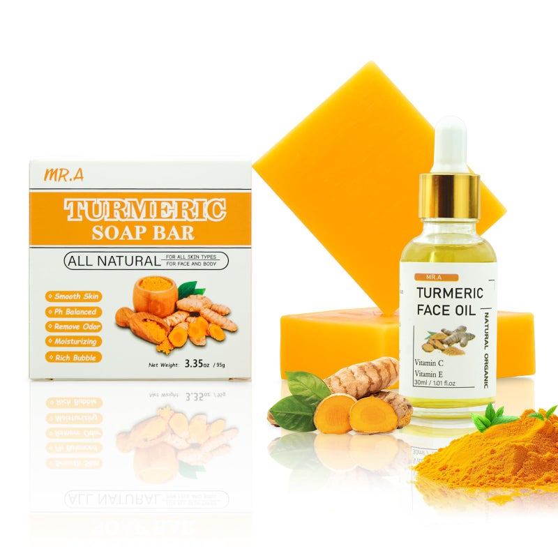 MR.A 2Pcs Turmeric Soap Bar and Turmeric Oil Set for Face & Body, Nautral Ingredients with Vitamin C to Cleanses, Soothing, Hydrating Skin, Turmeric Skin Care Set for All Skin Type - Image 1