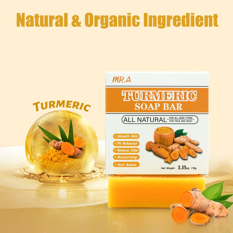 MR.A 2Pcs Turmeric Soap Bar and Turmeric Oil Set for Face & Body, Nautral Ingredients with Vitamin C to Cleanses, Soothing, Hydrating Skin, Turmeric Skin Care Set for All Skin Type - Image 2
