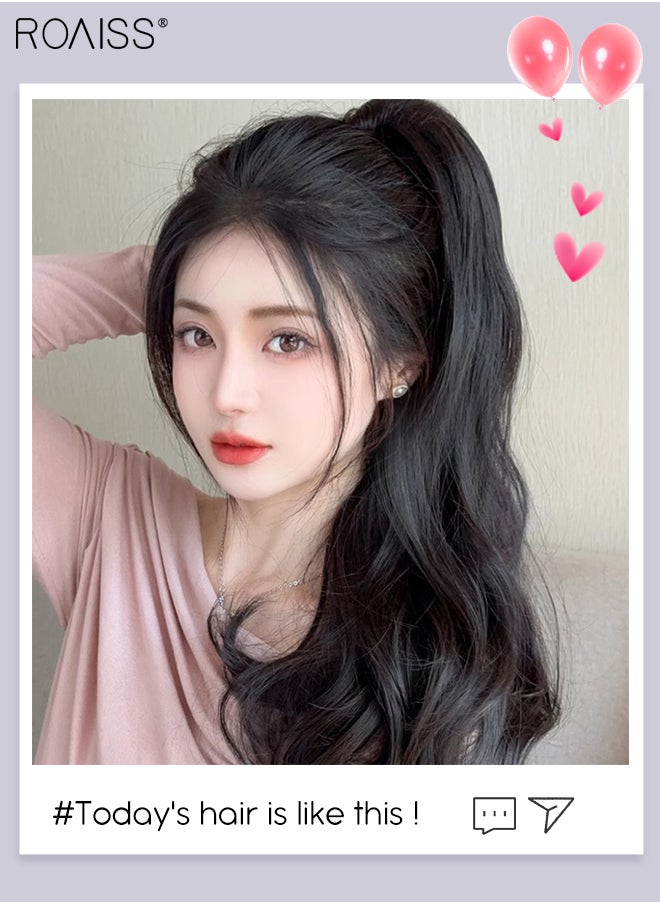 رويس - وصلات شعر ذيل فرس طويلة مموجة، شعر ذيل حصان مستعار طبيعي بمشبك مخلب صغير، وصلة إطالة شعر، قطعة شعر صناعية للنساء والفتيات، تسريحة شعر ناعمة للاستخدام اليومي، 50 سم - أسود طبيعي - Image 1