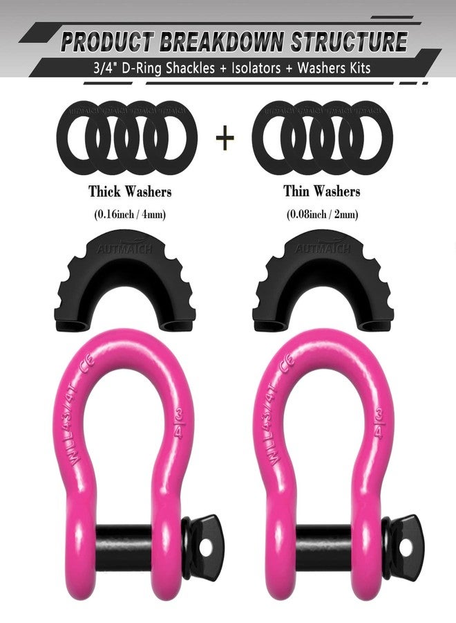 AUTMATCH D Ring Shackle 3/4" Shackles (2 Pack) 41,887Ibs Break Strength with 7/8" Screw Pin and Shackle Isolator Washers Kit for Tow Strap Winch Off Road Vehicle Recovery Pink & Black - Image 2