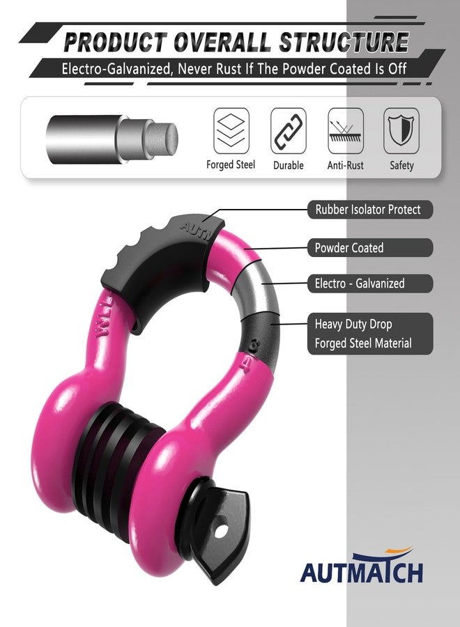 AUTMATCH D Ring Shackle 3/4" Shackles (2 Pack) 41,887Ibs Break Strength with 7/8" Screw Pin and Shackle Isolator Washers Kit for Tow Strap Winch Off Road Vehicle Recovery Pink & Black - Image 4