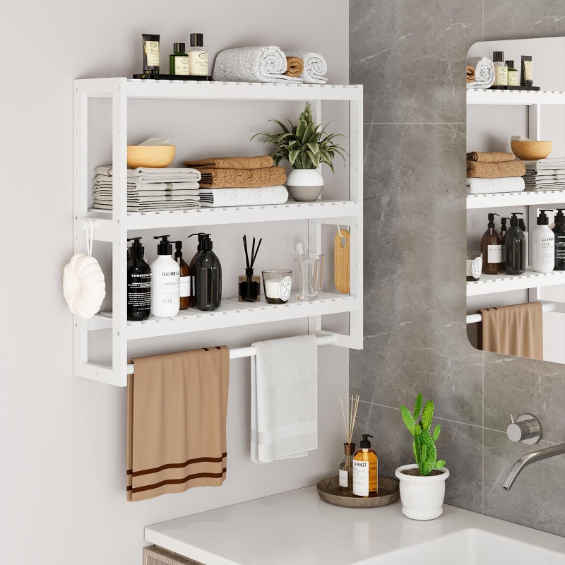 RRX Bathroom Shelf Storage Organizer, Bathroom Shelf 3-Tier Adjustable Layer Bamboo Organizer with Bar,Hanging, Freestanding Over Toilet Utility Shelves,White - Image 3