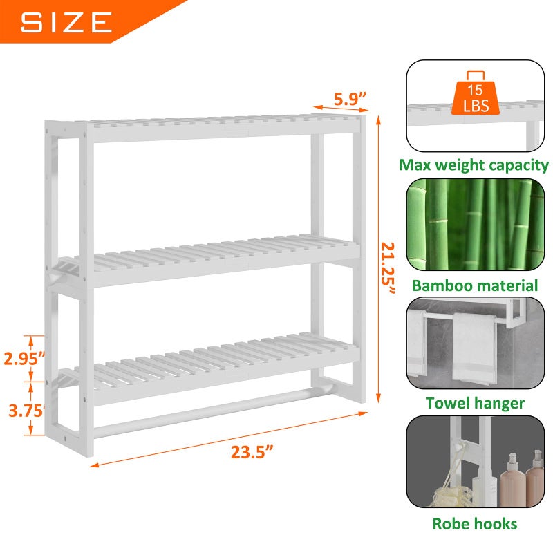 RRX Bathroom Shelf Storage Organizer, Bathroom Shelf 3-Tier Adjustable Layer Bamboo Organizer with Bar,Hanging, Freestanding Over Toilet Utility Shelves,White - Image 2
