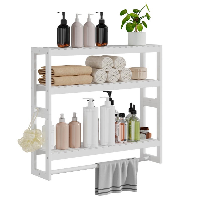 RRX Bathroom Shelf Storage Organizer, Bathroom Shelf 3-Tier Adjustable Layer Bamboo Organizer with Bar,Hanging, Freestanding Over Toilet Utility Shelves,White - Image 1