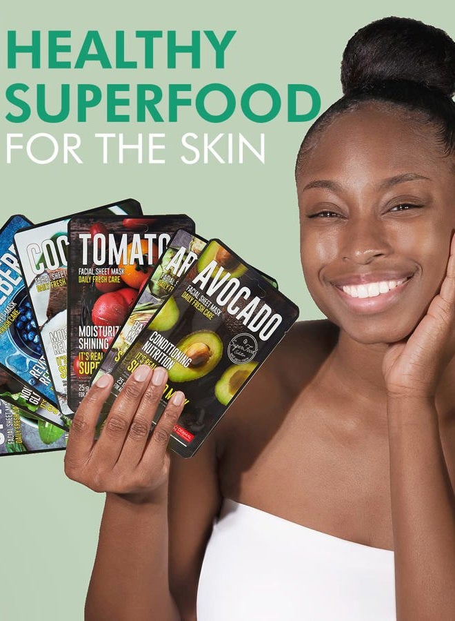 DERMAL أقنعة الوجه سوبر فود للعناية بالبشرة - 12 عبوة من أقنعة الوجه الورقية للحصول على بشرة متألقة ومنعشة - أقنعة ورقية مرطبة للوجه غنية بالمكونات الطبيعية لجميع أنواع البشرة - Image 2