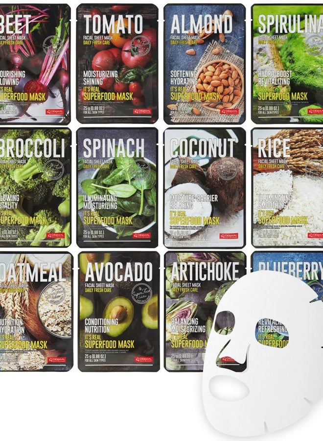 DERMAL أقنعة الوجه سوبر فود للعناية بالبشرة - 12 عبوة من أقنعة الوجه الورقية للحصول على بشرة متألقة ومنعشة - أقنعة ورقية مرطبة للوجه غنية بالمكونات الطبيعية لجميع أنواع البشرة - Image 1