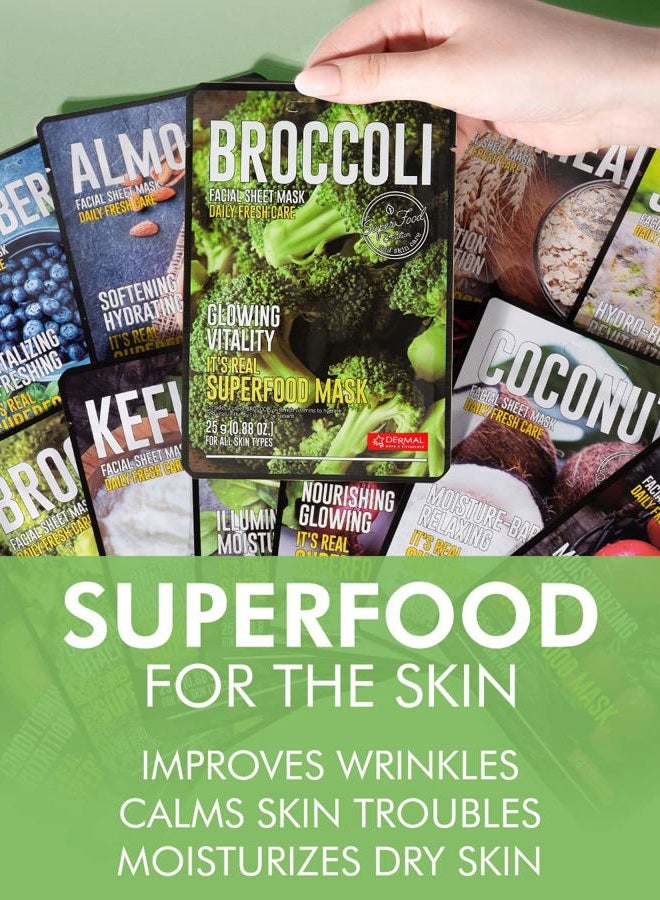 DERMAL أقنعة الوجه سوبر فود للعناية بالبشرة - 12 عبوة من أقنعة الوجه الورقية للحصول على بشرة متألقة ومنعشة - أقنعة ورقية مرطبة للوجه غنية بالمكونات الطبيعية لجميع أنواع البشرة - Image 3