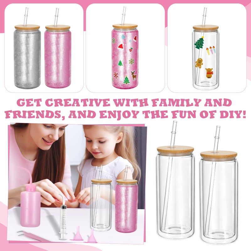 Foxtell 18 Pcs Snow Globe Tumbler DIY Kit 16 oz Pre Drilled Wall Double-Wall Snow Globe Cups with Lids Glitter Tools & Accessories Complete Craft Set for Making Custom Glitter Tumblers (Pink) - Image 5