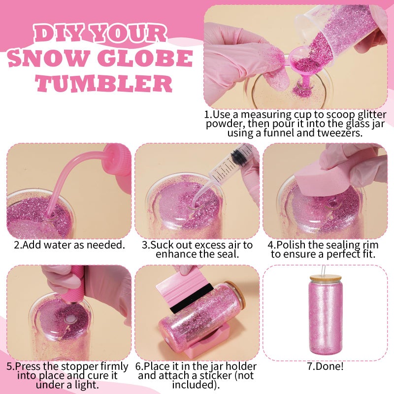 Foxtell 18 Pcs Snow Globe Tumbler DIY Kit 16 oz Pre Drilled Wall Double-Wall Snow Globe Cups with Lids Glitter Tools & Accessories Complete Craft Set for Making Custom Glitter Tumblers (Pink) - Image 4