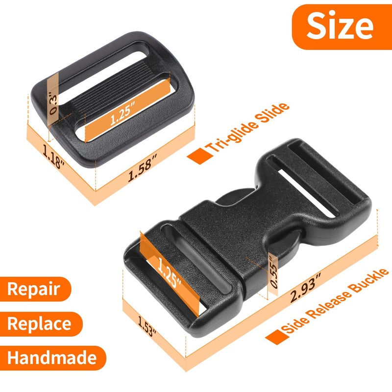 BEYOURD Heavy-Duty Buckles and Strap Set 1-1/4": 6 Yards of Thick Nylon Webbing, 6-Pack Adjustable Quick Side Release Plastic Buckles, 12 Tri-Glide Slide Clips, Black (1 1/4 Inch Combo Set) - Image 5
