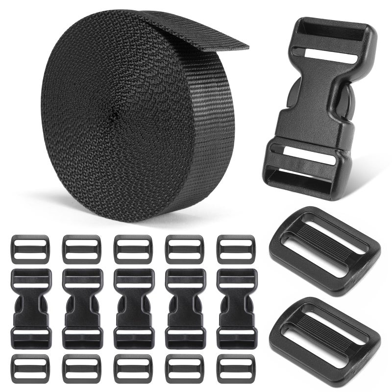 BEYOURD Heavy-Duty Buckles and Strap Set 1-1/4": 6 Yards of Thick Nylon Webbing, 6-Pack Adjustable Quick Side Release Plastic Buckles, 12 Tri-Glide Slide Clips, Black (1 1/4 Inch Combo Set) - Image 1