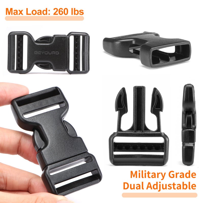 BEYOURD Heavy-Duty Buckles and Strap Set 1-1/4": 6 Yards of Thick Nylon Webbing, 6-Pack Adjustable Quick Side Release Plastic Buckles, 12 Tri-Glide Slide Clips, Black (1 1/4 Inch Combo Set) - Image 3