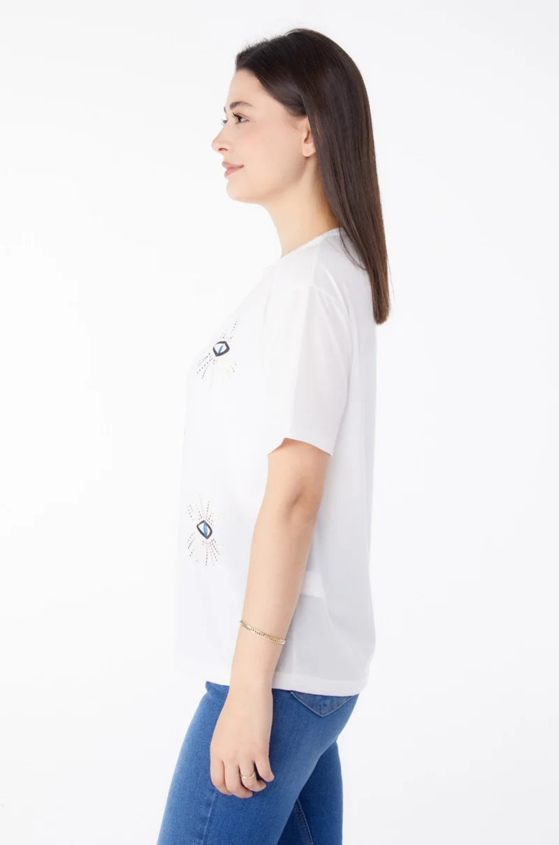 Tofisa Plain Crew Neck Women's White Printed T-Shirt - 25461