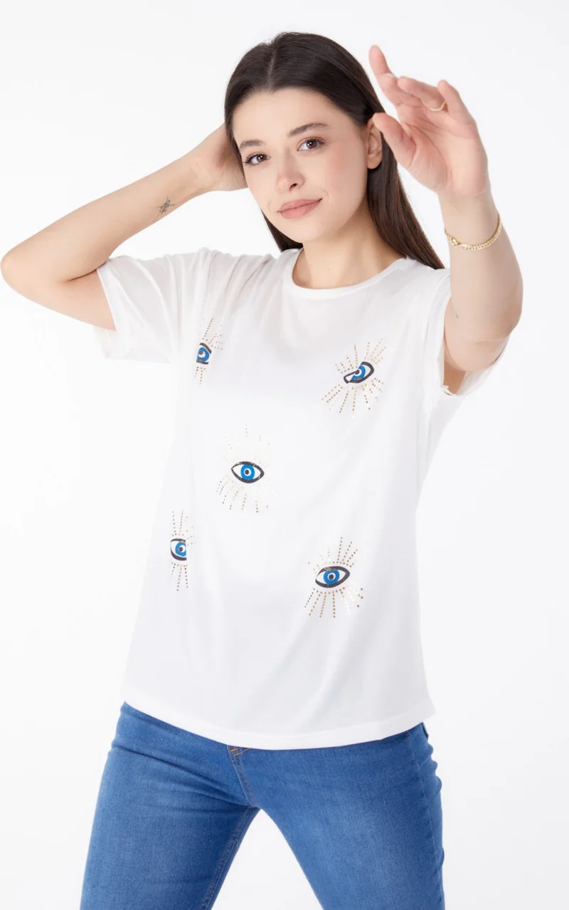 Tofisa Plain Crew Neck Women's White Printed T-Shirt - 25461
