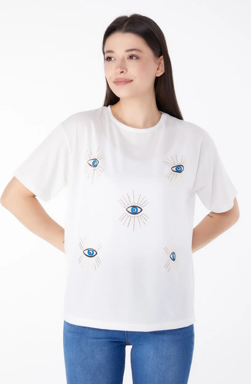 Tofisa Plain Crew Neck Women's White Printed T-Shirt - 25461
