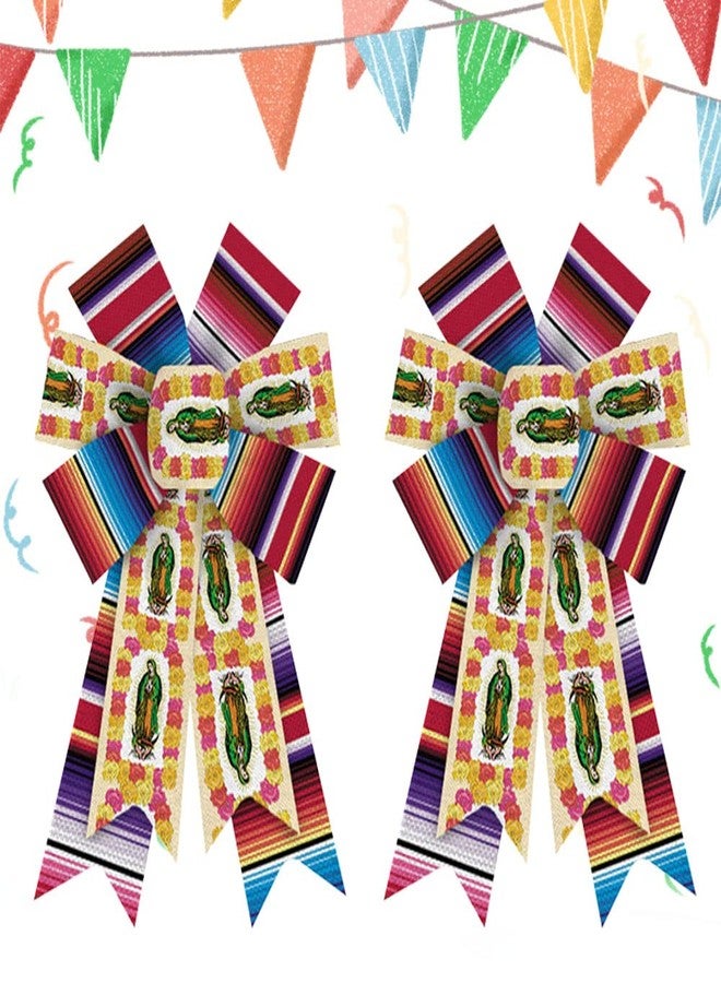 Hying 2 Pieces Mexican Fiesta Bows for Wreath, Mexican Fiesta Wreath Bows Red Burlap Bows Virgen de Guadalupe Pattern Gift Bows for Front Door Mexican Party Decoration Cinco de Mayo Carnival Supplies - Image 1