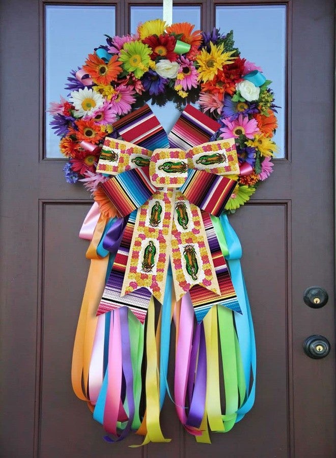 Hying 2 Pieces Mexican Fiesta Bows for Wreath, Mexican Fiesta Wreath Bows Red Burlap Bows Virgen de Guadalupe Pattern Gift Bows for Front Door Mexican Party Decoration Cinco de Mayo Carnival Supplies - Image 4