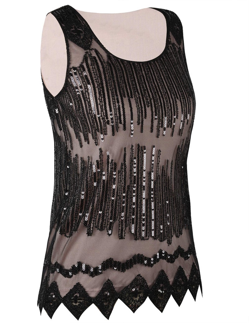 PrettyGuide Women's Sequin Tank Top Sleeveless Plus Size Shimmer Holiday Party Club Top XXL Black Beige - Image 4