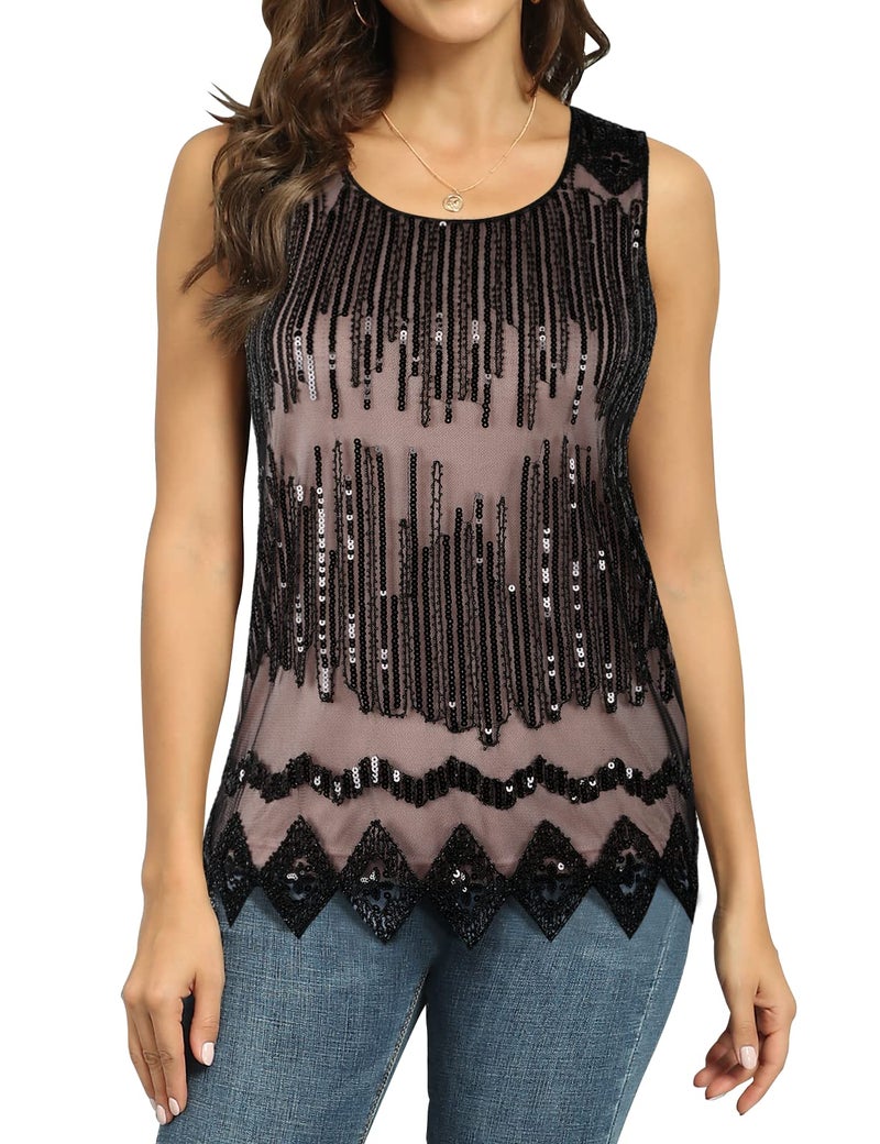PrettyGuide Women's Sequin Tank Top Sleeveless Plus Size Shimmer Holiday Party Club Top XXL Black Beige - Image 1