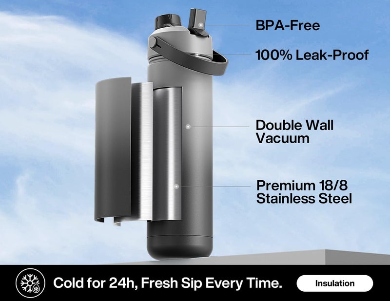 POWCAN 26 oz Insulated Water Bottle with 2-in-1 Straw and Spout Lid, Keep Cold 24H, Leak-Proof, Fits in Car Cup Holder, Stainless Steel Water Bottle for Sports, Travel, Gym, and School (Obsidian) - Image 2