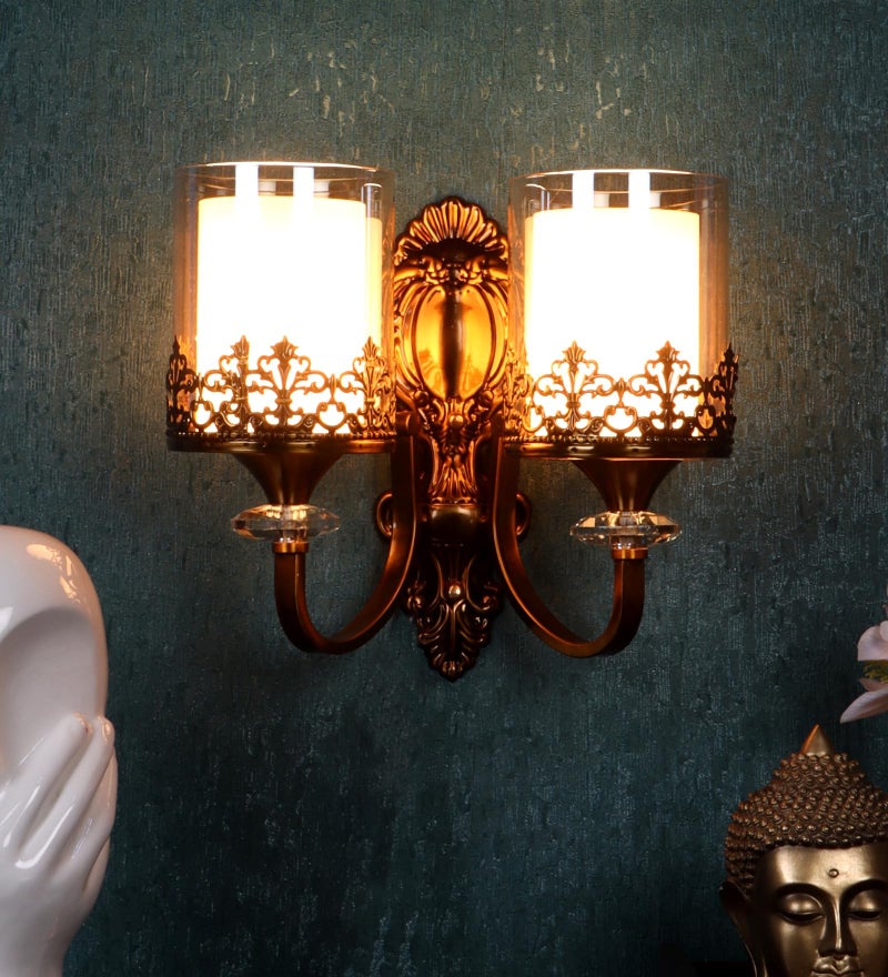 ELIANTE Saye Modern Double Wall Light | Gold Finish Iron with Golden Glass Shades | E27 Holder | Decorative Wall Lamp for Bedroom, Dining & Living Room | Free Bulb Included | 3 Years Warranty - Image 1