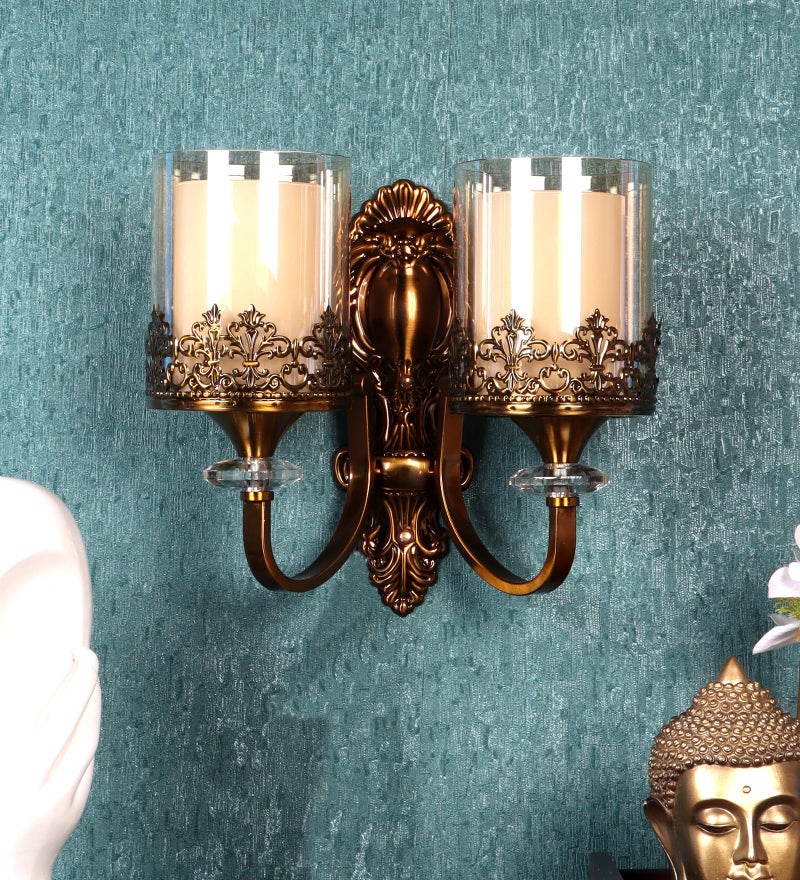 ELIANTE Saye Modern Double Wall Light | Gold Finish Iron with Golden Glass Shades | E27 Holder | Decorative Wall Lamp for Bedroom, Dining & Living Room | Free Bulb Included | 3 Years Warranty - Image 2